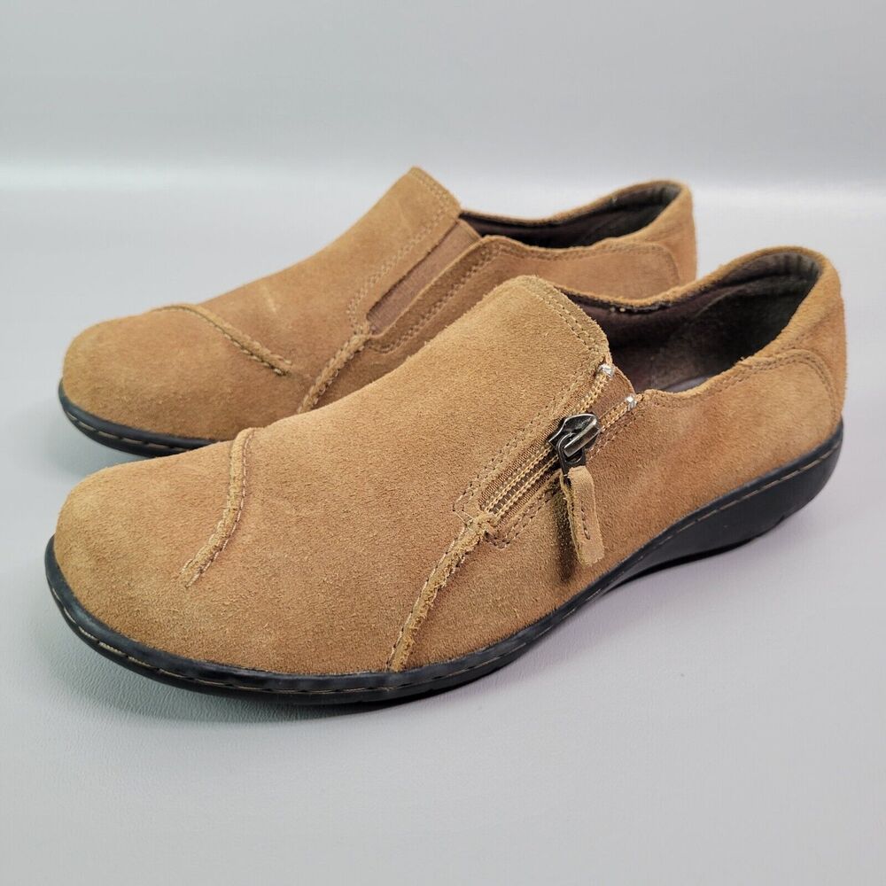 Clarks Maggilyn Loafers Clogs Shoes Women's Size 8 Brown Suede Zip Up
